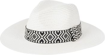 styleBREAKER Damen Panama Sonnenhut Einfarbig mit Stoff Hutband mit Azteken Muster, Strohhut, Schlapphut, Sommerhut, Fedora Hut 04025046