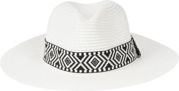 styleBREAKER Damen Panama Sonnenhut Einfarbig mit Stoff Hutband mit Azteken Muster, Strohhut, Schlapphut, Sommerhut, Fedora Hut 04025046