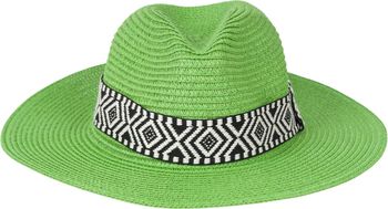 styleBREAKER Damen Panama Sonnenhut Einfarbig mit Stoff Hutband mit Azteken Muster, Strohhut, Schlapphut, Sommerhut, Fedora Hut 04025046