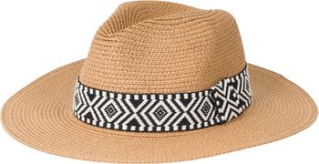 styleBREAKER Damen Panama Sonnenhut Einfarbig mit Stoff Hutband mit Azteken Muster, Strohhut, Schlapphut, Sommerhut, Fedora Hut 04025046