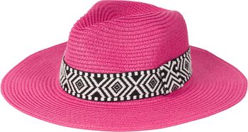 styleBREAKER Damen Panama Sonnenhut Einfarbig mit Stoff Hutband mit Azteken Muster, Strohhut, Schlapphut, Sommerhut, Fedora Hut 04025046