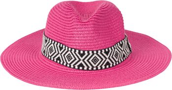 styleBREAKER Damen Panama Sonnenhut Einfarbig mit Stoff Hutband mit Azteken Muster, Strohhut, Schlapphut, Sommerhut, Fedora Hut 04025046