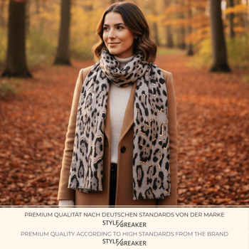 styleBREAKER Damen Schal mit Leoparden Muster und goldenen Metallic Akzenten | weiches langes Tuch mit kurzen Fransen 180 x 88 cm