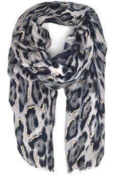 styleBREAKER Damen Schal mit Leoparden Muster und goldenen Metallic Akzenten | weiches langes Tuch mit kurzen Fransen 180 x 88 cm