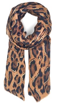 styleBREAKER Damen Schal mit Leoparden Muster und goldenen Metallic Akzenten | weiches langes Tuch mit kurzen Fransen 180 x 88 cm