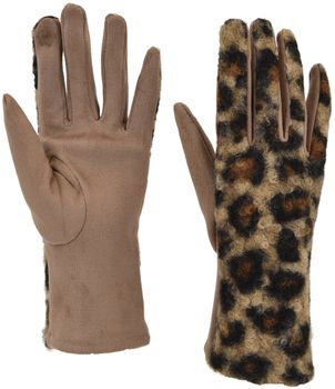 styleBREAKER Damen Touchscreen Handschuhe mit Leoparden Muster und Teddyplüsch | Warme Winter Fingerhandschuhe | Weiche Smartphone Handschuhe