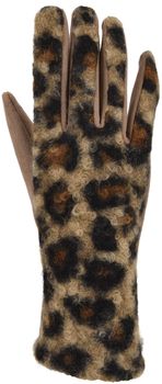 styleBREAKER Damen Touchscreen Handschuhe mit Leoparden Muster und Teddyplüsch | Warme Winter Fingerhandschuhe | Weiche Smartphone Handschuhe