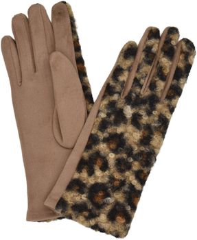 styleBREAKER Damen Touchscreen Handschuhe mit Leoparden Muster und Teddyplüsch | Warme Winter Fingerhandschuhe | Weiche Smartphone Handschuhe