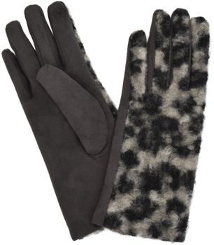 styleBREAKER Damen Touchscreen Handschuhe mit Leoparden Muster und Teddyplüsch | Warme Winter Fingerhandschuhe | Weiche Smartphone Handschuhe