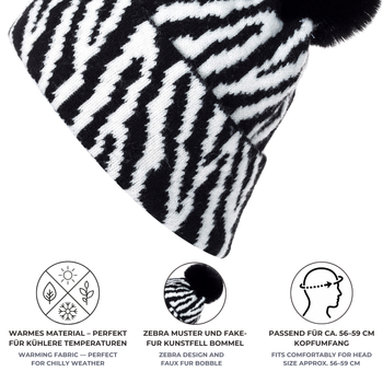 styleBREAKER Damen Bommelmütze Strick mit Zebra Muster | warme Strickmütze mit Kunstfell Pompon | elastische Winter Beanie Pudelmütze Viskose