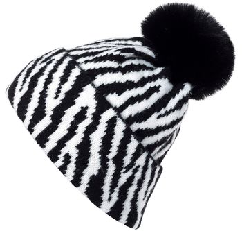 styleBREAKER Damen Bommelmütze Strick mit Zebra Muster | warme Strickmütze mit Kunstfell Pompon | elastische Winter Beanie Pudelmütze Viskose