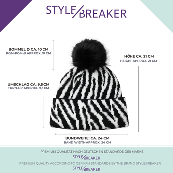 styleBREAKER Damen Bommelmütze Strick mit Zebra Muster | warme Strickmütze mit Kunstfell Pompon | elastische Winter Beanie Pudelmütze Viskose