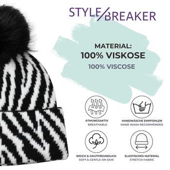 styleBREAKER Damen Bommelmütze Strick mit Zebra Muster | warme Strickmütze mit Kunstfell Pompon | elastische Winter Beanie Pudelmütze Viskose