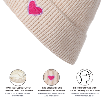 styleBREAKER Damen Strick Beanie mit Herz Stickerei & Fleece Futter | Warme Wintermütze Einheitsgröße 56-59 cm | Weiche gefütterte Beanie Mütze
