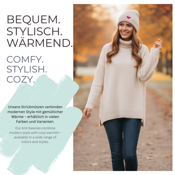 styleBREAKER Damen Strick Beanie mit Herz Stickerei & Fleece Futter | Warme Wintermütze Einheitsgröße 56-59 cm | Weiche gefütterte Beanie Mütze