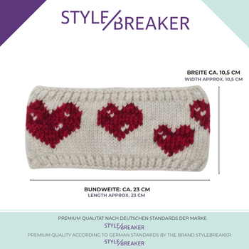 styleBREAKER Damen Strick Stirnband mit Herz Muster und Fleece Futter | Made in Europe – Warmes Winter Haarband Ohrwärmer 56-59 cm