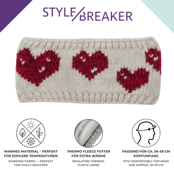 styleBREAKER Damen Strick Stirnband mit Herz Muster und Fleece Futter | Made in Europe – Warmes Winter Haarband Ohrwärmer 56-59 cm