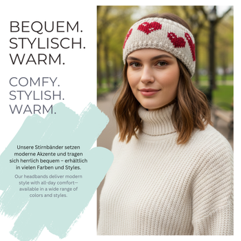 styleBREAKER Damen Strick Stirnband mit Herz Muster und Fleece Futter | Made in Europe – Warmes Winter Haarband Ohrwärmer 56-59 cm