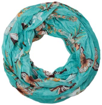 styleBREAKER Damen Loop Schlauchschal mit buntem Schmetterling und Blumen Print , Crash and Crinkle Schal, Tuch 01016013