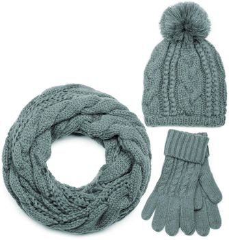 styleBREAKER Schal, Mütze und Handschuh Set, Zopfmuster Strickschal mit Bommelmütze und Handschuhe, Damen 01018208