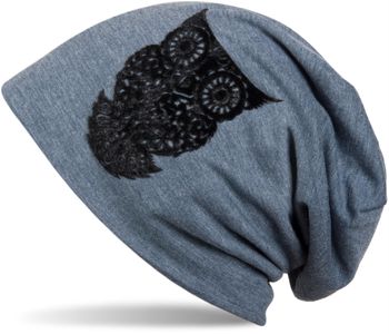 styleBREAKER Damen Stoff Beanie Mütze mit samtigem Eulen Flock-Print, Longbeanie 04024040