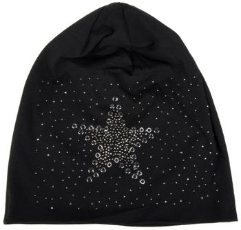 styleBREAKER Damen Stoff Beanie Mütze mit Stern Nieten und Strass Applikation, Lochnieten, Longbeanie 04024049