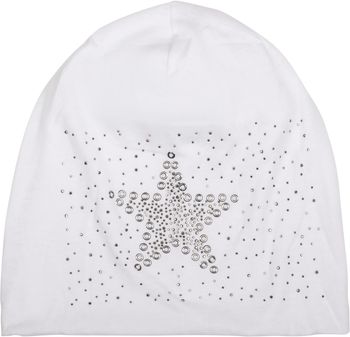 styleBREAKER Damen Stoff Beanie Mütze mit Stern Nieten und Strass Applikation, Lochnieten, Longbeanie 04024049