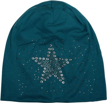 styleBREAKER Damen Stoff Beanie Mütze mit Stern Nieten und Strass Applikation, Lochnieten, Longbeanie 04024049