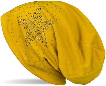 styleBREAKER Damen Stoff Beanie Mütze mit Stern Nieten und Strass Applikation, Lochnieten, Longbeanie 04024049