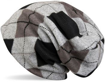 styleBREAKER Feinstrick Beanie Mütze mit klassischem Karo Muster in meliertem Vintage Look, Unisex 04024055