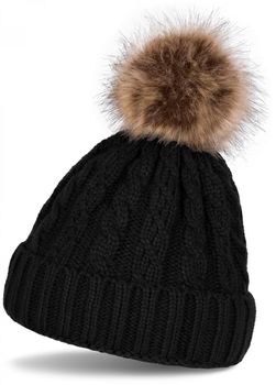 styleBREAKER Zopfmuster Bommelmütze, Strickmütze mit Fellbommel, Winter Beanie Mütze, Unisex 04024064