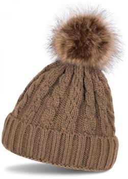 styleBREAKER Zopfmuster Bommelmütze, Strickmütze mit Fellbommel, Winter Beanie Mütze, Unisex 04024064