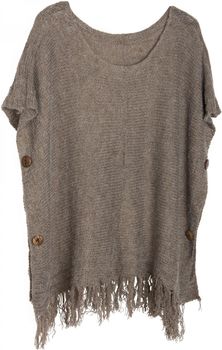 styleBREAKER Strick Poncho mit Ärmeln und Zierknöpfen in edlem Schimmer, Rundhals, Damen 08010017