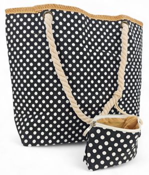 styleBREAKER Strandtasche mit Punkte Muster und Kordelgriffen | großes Hauptfach mit Reißverschluss | inkl. abnehmbarer Kosmetiktasche | Shopper Damen mit Bast-Detail