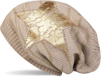 styleBREAKER Damen Strick Beanie Mütze mit Vintage Stern Print und Strass Rand, Strickmütze mit Streifen Muster 04024083