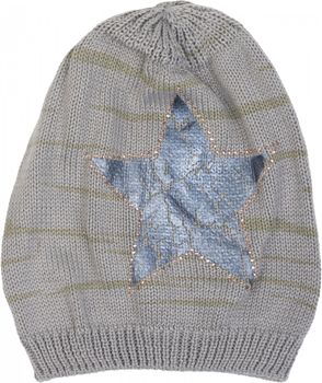 styleBREAKER Damen Strick Beanie Mütze mit Vintage Stern Print und Strass Rand, Strickmütze mit Streifen Muster 04024083