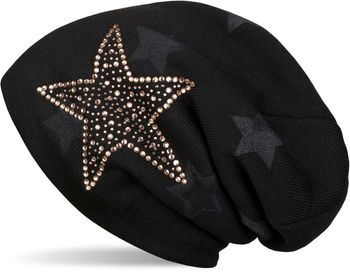 styleBREAKER warme Feinstrick Beanie Mütze mit All Over Stern Muster, Strass Stern und sehr weichem Fleece Innenfutter, Unisex 04024084