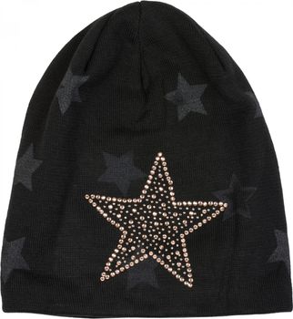 styleBREAKER warme Feinstrick Beanie Mütze mit All Over Stern Muster, Strass Stern und sehr weichem Fleece Innenfutter, Unisex 04024084