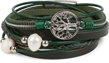 styleBREAKER Wickelarmband mit Perlen, Ketten, Flecht Element und Lebensbaum Anhänger, Magnetverschluss, Armband, Damen 05040070