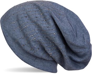 styleBREAKER Damen Beanie Mütze mit Strass Nieten im edlen Streifen Design, Slouch Longbeanie, Stoffmütze Einfarbig 04024086