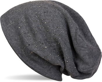 styleBREAKER Damen Beanie Mütze mit Strass Nieten im edlen Streifen Design, Slouch Longbeanie, Stoffmütze Einfarbig 04024086