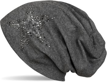 styleBREAKER Damen Beanie Mütze mit Strass Nieten Stern und Schmucksteine silber-anthrazit, Slouch Longbeanie 04024087