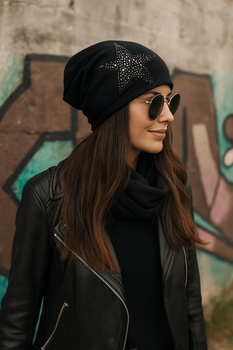 styleBREAKER Damen Slouch Beanie Mütze mit Strass Stern | Glitzer Longbeanie aus weicher Viskose | One Size für Erwachsene