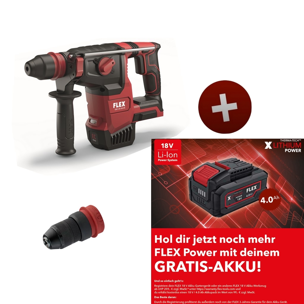 Flex Akku-Kombi-Bohrhammer CHE2-26 18.0 Nr. 491314 + Schnellspannbohrfutter Flex Akku-Kombi-Bohrhammer CHE2-26 18.0 Nr. 491314 + Schnellspannbohrfutter