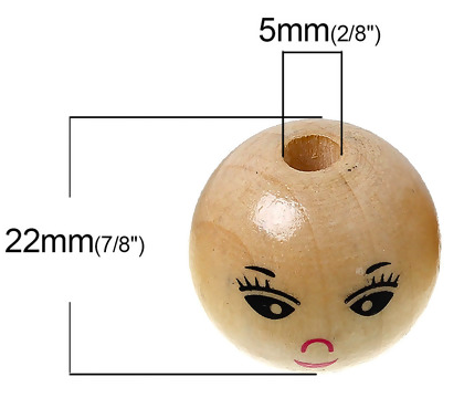 Loch 5mm Basteln D 30 Stück Runde Holzperlen Mit Gesicht 22mm Natur Lasiert