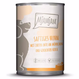 MJAMJAM saftiges Huhn mit zarter Ente an Möhrchen und gekochter Hirse für Hunde 6x400g MHD 8/26
