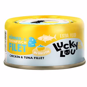 Lucky Lou Extrafood Hühner- und Thunfischfilet in Broth für Katzen 70g Dose