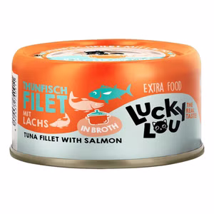 Lucky Lou Extrafood Thunfischfilet mit Lachs in Broth für Katzen 70g Dose