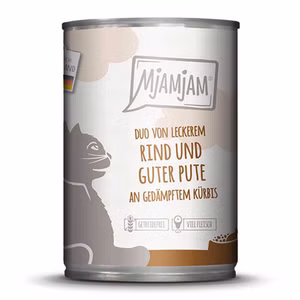 MJAMJAM DUO leckeres Rind und gute Pute an gedämpftem Kürbis für Katzen 24x400g