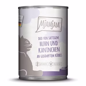 MJAMJAM DUO saftiges Hühnchen Kaninchen an gedämpftem Kürbis für Katzen 24x400g